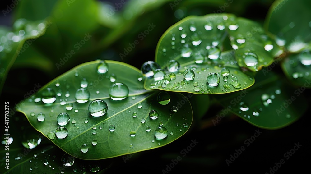 An image of raindrops delicately adhering to the surface of a bright green leaf. An image of raindrops delicately adhering to the surface of a bright green leaf.