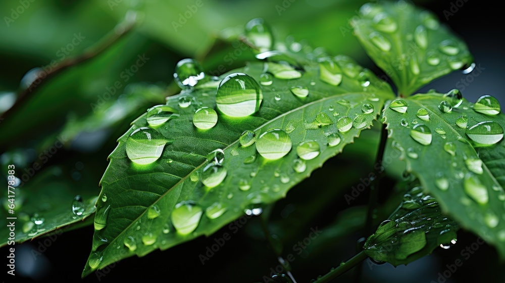An image of raindrops delicately adhering to the surface of a bright green leaf.