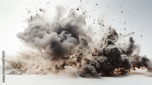 An image of an explosion, swirling smoke and swirling debris on a white background.