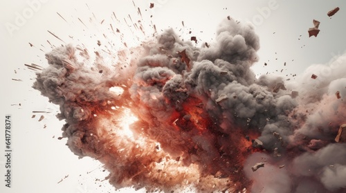 An image of an explosion, swirling smoke and swirling debris on a white background.