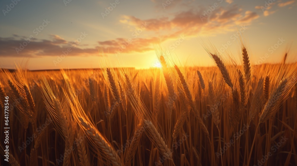 An image of the warm golden hues of a sunset over a wheat field.