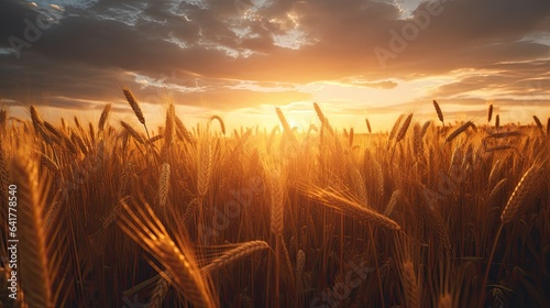An image of the warm golden hues of a sunset over a wheat field. © kept