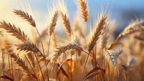 Fototapeta Naklejka Na Ścianę i Meble -  Close-up image showing intricate details of ripe ears of wheat swaying in the wind.