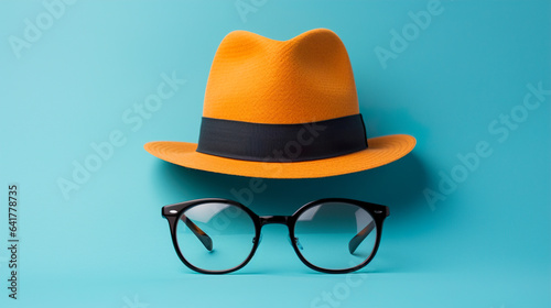 Orange hat and black glasses on blue background with copy space for text. Fathers day concept.