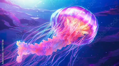 Jellyfish dansing in the dark blue ocean water. Glowing jellyfish swim deep in blue sea. © waichi2013th
