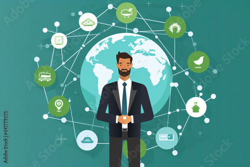 business man with icons all around a globe behind him illustration