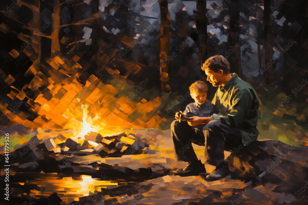 Father and son having bonfire and camping in a forest at night