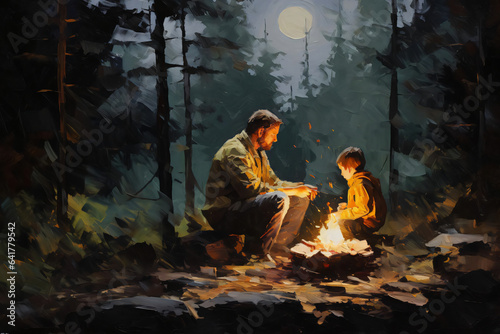 Father and son having bonfire and camping in a forest at night