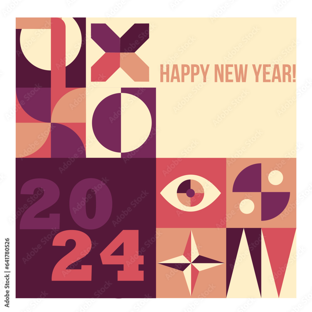 Modern geometric style neo geo background. Modern Happy New Year grid flyer with geometric shapes, geometry graphics and abstract background. Geometry grid pattern