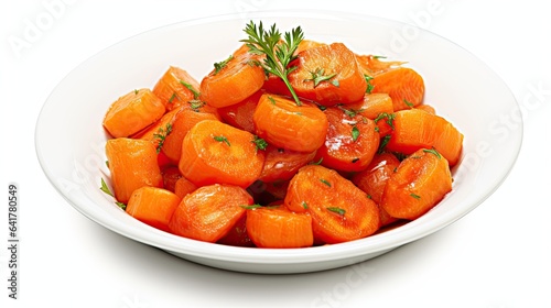 Delicious sauteed carrots in plate isolated on white background