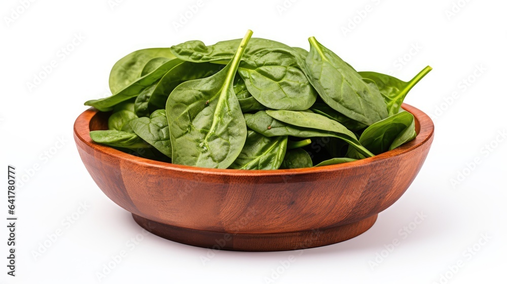 Spinach salad in wooden bowl isolated on white background Spinach salad in wooden bowl isolated on white background