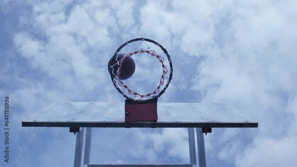 Top view of blue sky provides an success concept of the on-target throw. This embodies the spirit of teamwork and competition in outdoor sports, perfect for the excitement of a basketball game. Top view of blue sky provides an success concept of the on-target throw. This embodies the spirit of teamwork and competition in outdoor sports, perfect for the excitement of a basketball game.