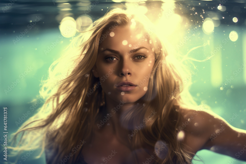 Portrait of a beautiful young woman with long blonde hair posing underwater in a swimming pool.