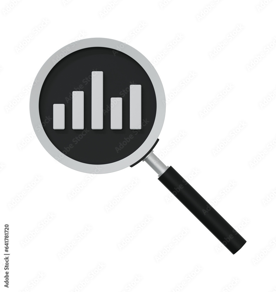 3d data analysis icon. Realistic 3d magnifying glass with bar graph. Business, finance and investment concept. 3d illustration 3d data analysis icon. Realistic 3d magnifying glass with bar graph. Business, finance and investment concept. 3d illustration