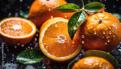 Fresh ripe oranges with water drops background. Close up of juicy fruit backdrop photo