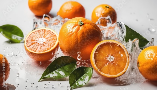 Fresh ripe oranges with water splash splashes drops background. Close up of juicy fruit backdrop