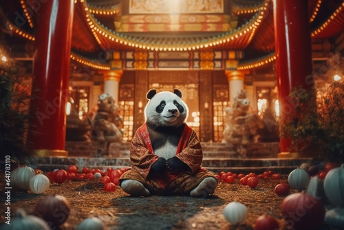 Kung Fu panda sits on traditional Chinese temple background, concept of Zen and meditation. photo