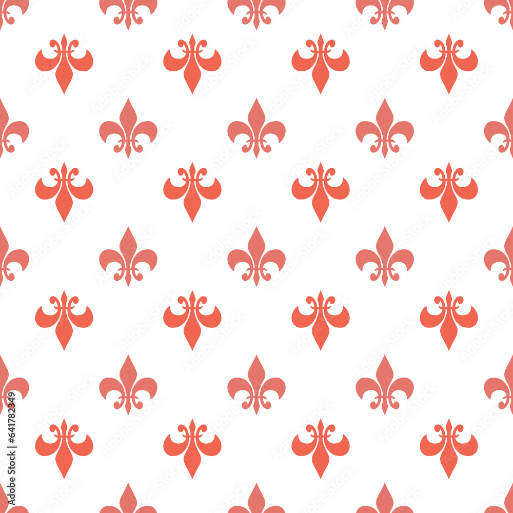 fleur-de-lis seamless pattern.Pink white template. Floral texture. Elegant decoration, royal lily retro background. Design vintage for card, wallpaper, wrapping, textile.