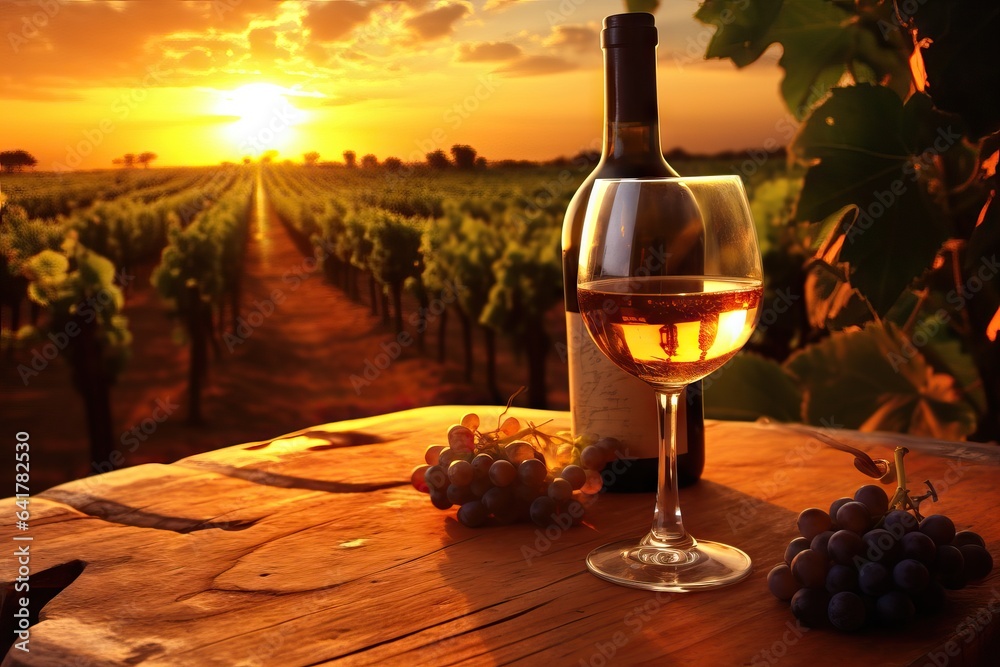 Wine still life against vineyard during a sunset,Vineyard in autumn harvest