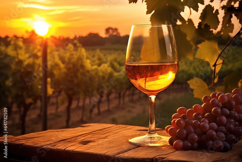Wine still life against vineyard during a sunset Vineyard in autumn harvest