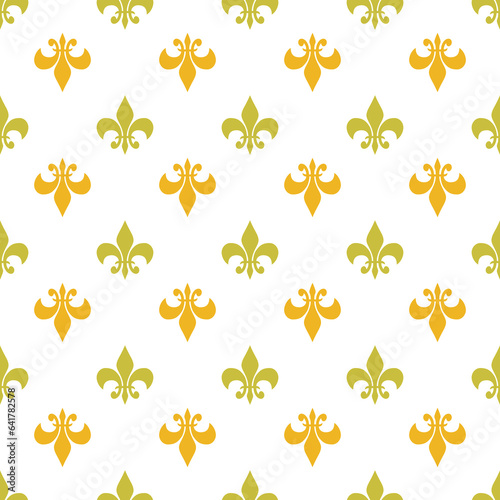 fleur-de-lis seamless pattern.Yellow and green template. Floral texture. Elegant decoration  royal lily retro background. Design vintage for card  wallpaper  wrapping  textile.