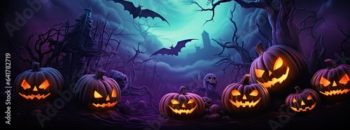 Scary Halloween background. Purple themed Halloween landscape concept. Happy Halloween!