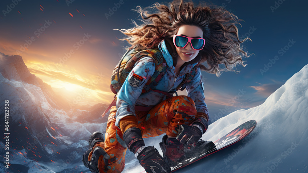a young woman on a snowboard racing down a mountain a young woman on a snowboard racing down a mountain