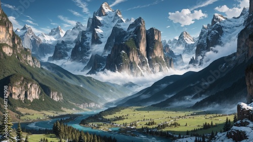 Majestic Peaks and Meandering River in a Vector Mountain Landscape