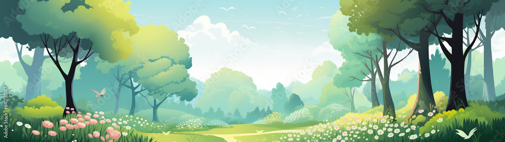 spring or summer landscape with trees, forest, background, wallpaper, vector, illustration 