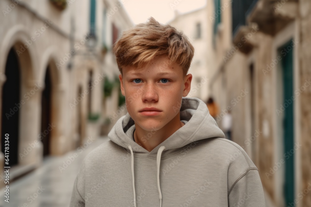 Obraz premium Close-up portrait photography of a glad boy in his 20s wearing a comfy fleece pullover at the dubrovnik old town in dubrovnik croatia. With generative AI technology