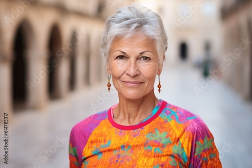 Headshot portrait photography of a merry mature woman wearing a vibrant rash guard at the dubrovnik old town in dubrovnik croatia. With generative AI technology