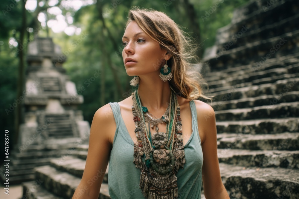 Naklejka premium Lifestyle portrait photography of a content girl in her 30s wearing a stunning statement necklace at the tikal national park in peten guatemala. With generative AI technology