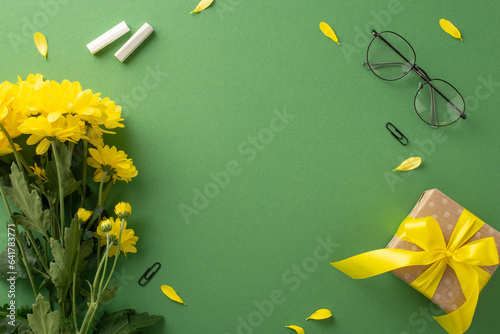Fototapeta Naklejka Na Ścianę i Meble -  Express Teacher’s Day wishes uniquely. Top-view photo showcases chalk, glasses, yellow chrysanthemum flowers and gift box on chalkboard isolated background with copy-space for ads or text placement