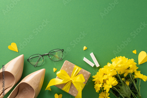Teacher\'s Day design concept: Top view chrysanthemum bouquet, gift box, chalk, eyeglasses, hearts, heels, arranged artfully on a green blackboard surface. Ample space for text or ads