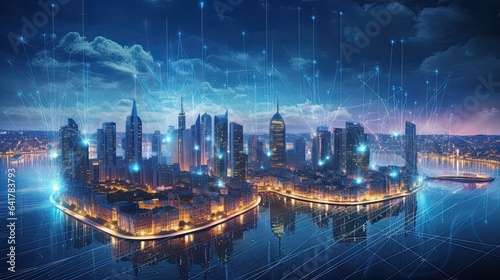 Big data connection technology. Cityscape telecommunication and communication network concept. Smart city and digital transformation