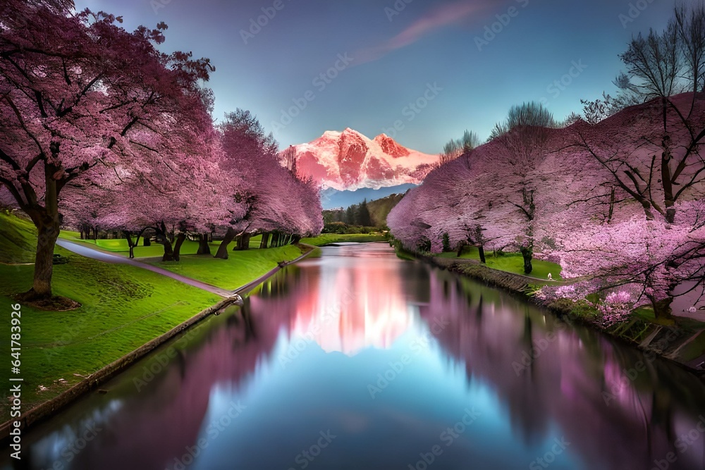Fototapeta premium sunset over the river in cherry blossom season