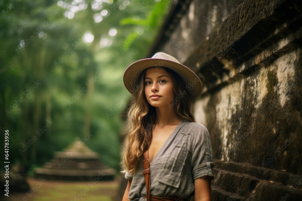Lifestyle portrait photography of a merry girl in his 20s wearing a charming cloche hat at the tikal national park in peten guatemala. With generative AI technology