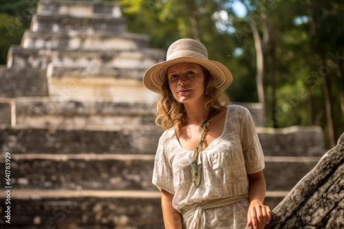 Lifestyle portrait photography of a merry girl in his 20s wearing a charming cloche hat at the tikal national park in peten guatemala. With generative AI technology