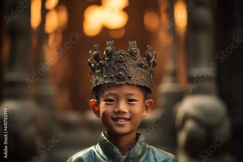 Close-up portrait photography of a merry boy in his 30s wearing a sparkling tiara at the mausoleum of the first qin emperor in xian china. With generative AI technology photo