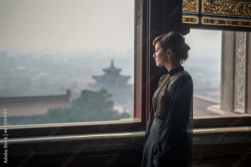 Photography in the style of pensive portraiture of a tender mature woman wearing a glamorous sequin top at the mausoleum of the first qin emperor in xian china. With generative AI technology Photography in the style of pensive portraiture of a tender mature woman wearing a glamorous sequin top at the mausoleum of the first qin emperor in xian china. With generative AI technology