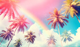 Sunset of sky with palm trees and rainbow