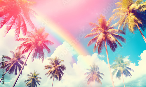 Sunset of sky with palm trees and rainbow