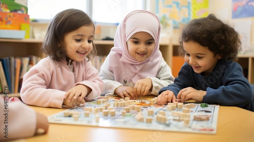 muslim little girls playing at class with friends, bonding cultures, integration concept