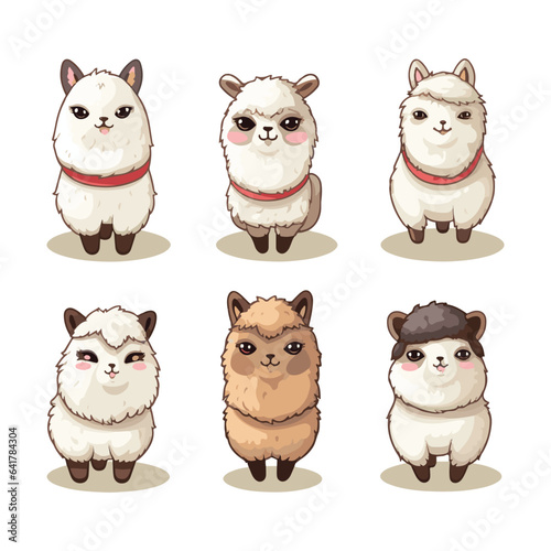 Vector illustration of 6 adorable lamas isolated on white background