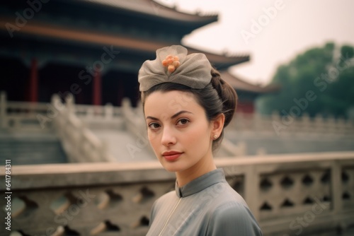 Close-up portrait photography of a blissful girl in his 30s wearing a fancy fascinator at the mausoleum of the first qin emperor in xian china. With generative AI technology photo