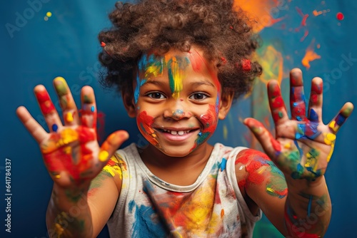 African American playful kid with hands dirty with many colors