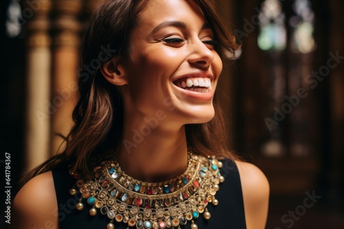 Close-up portrait photography of a grinning girl in his 30s wearing a bold statement necklace at the palace of westminster in london england. With generative AI technology