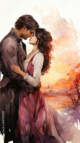 Love romantic couple painted in watercolor, cover for romance novel. Man and woman hug each other.