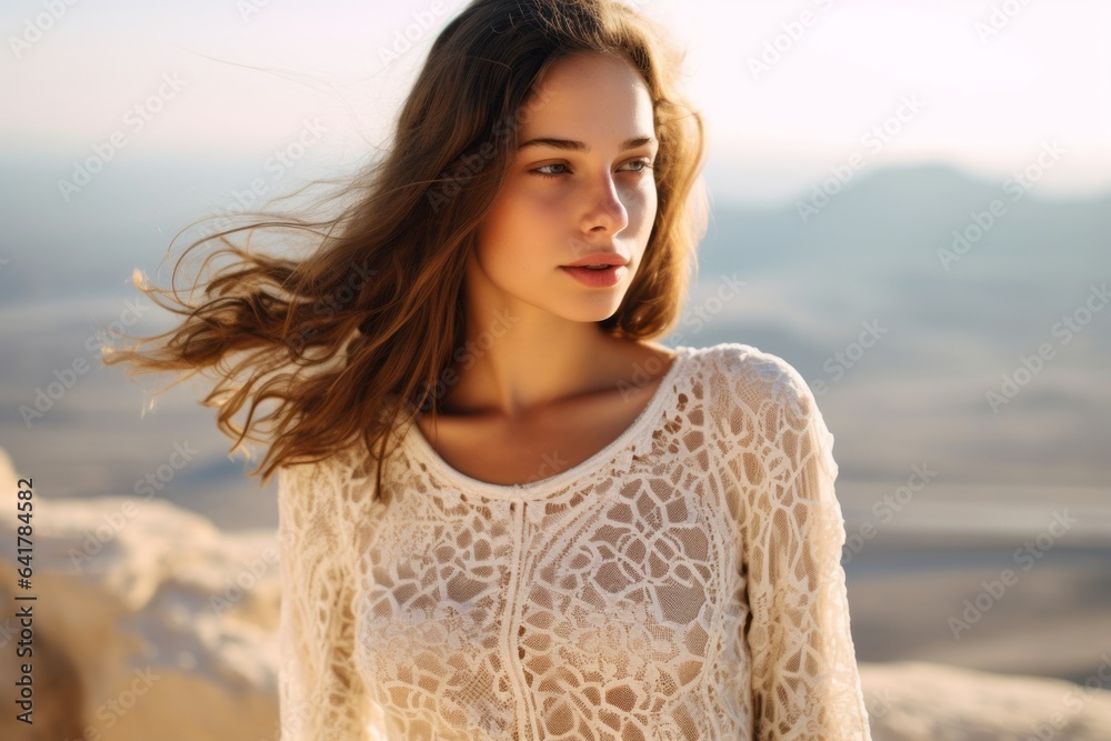 Environmental portrait photography of a blissful girl in her 20s wearing an intricate lace top at the masada in southern district israel. With generative AI technology
