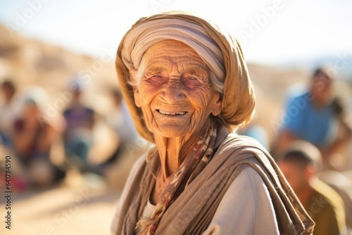 Medium shot portrait photography of a happy old woman wearing a fashionable tube top at the masada in southern district israel. With generative AI technology